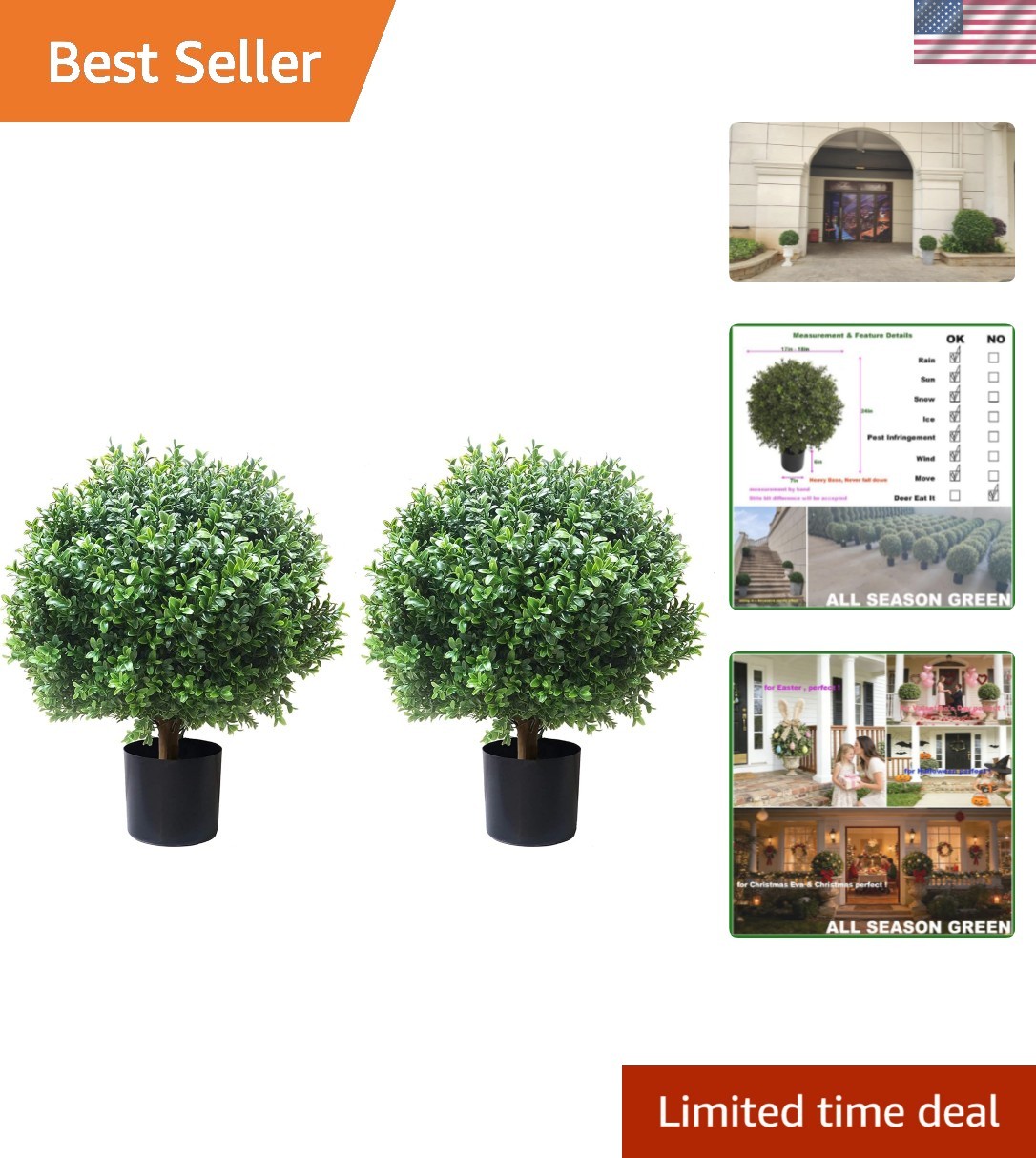 2’T 18”W Boxwood Ball Artificial Topiary Trees Potted Faux Outdoor Plants fo…