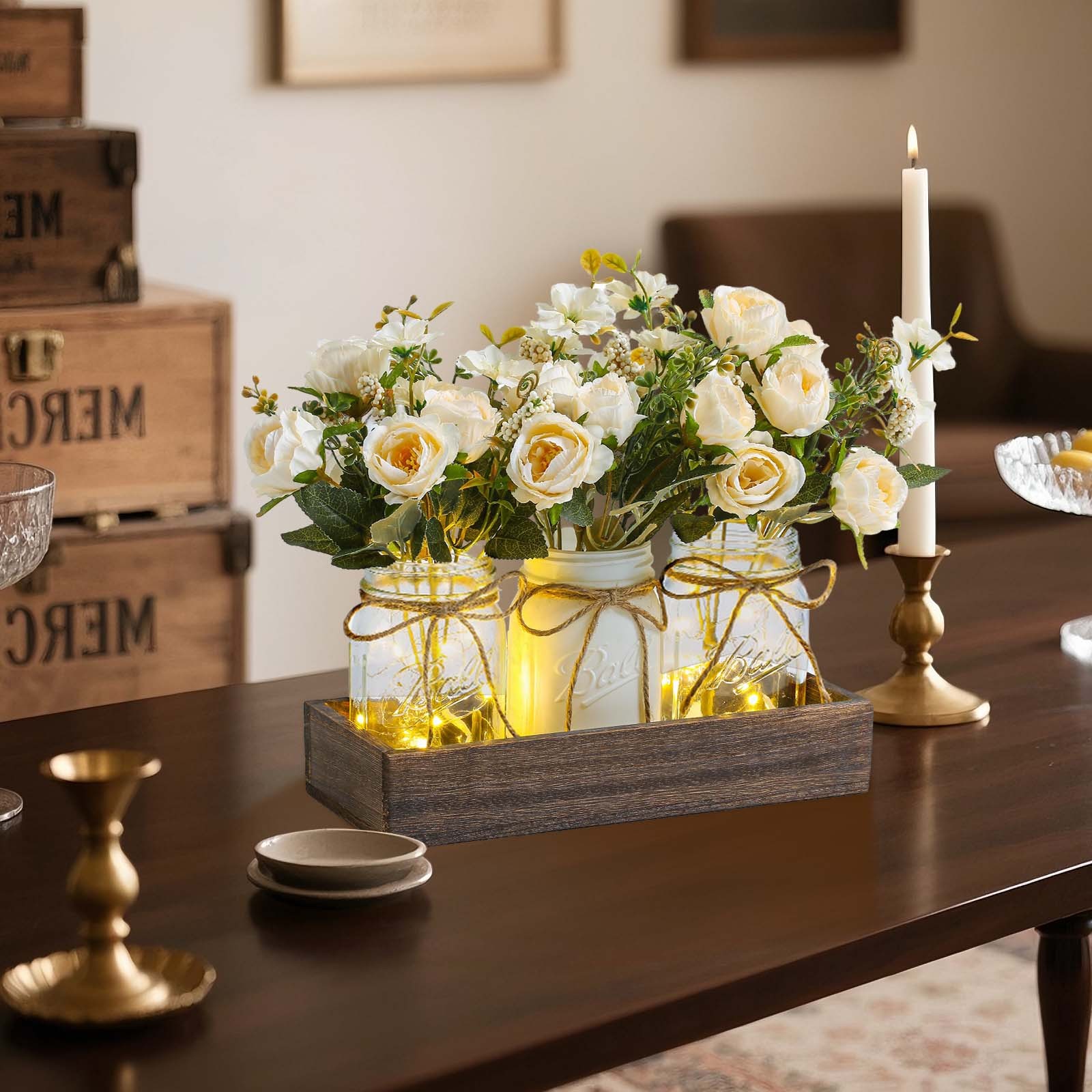 3-Piece Set Mason Jar with Artificial Flowers Rose Centerpiece Table Decoration