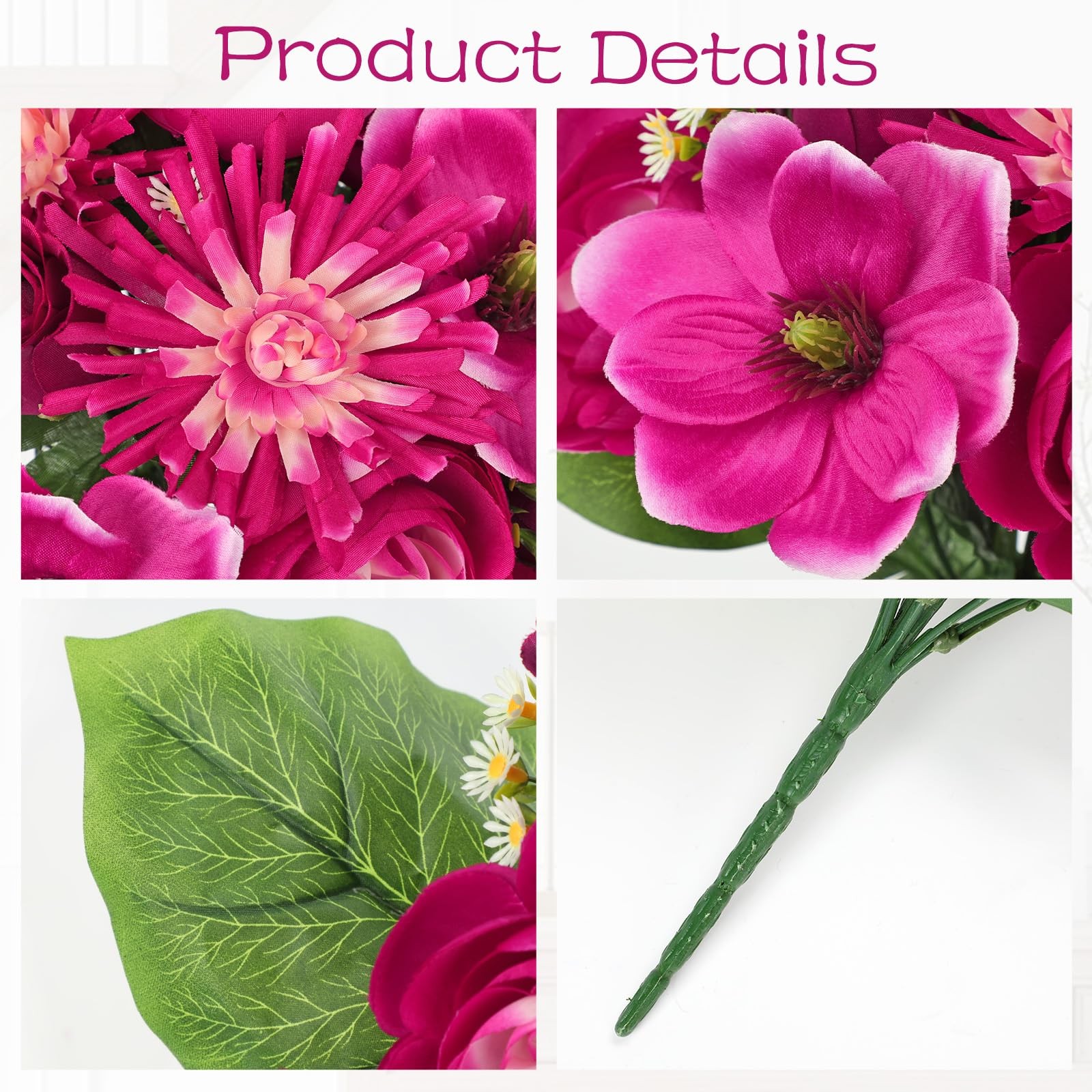 Artificial Flowers Bouquet – 2 Pack Hot Pink Faux Silk Floral Arrangement Fak…