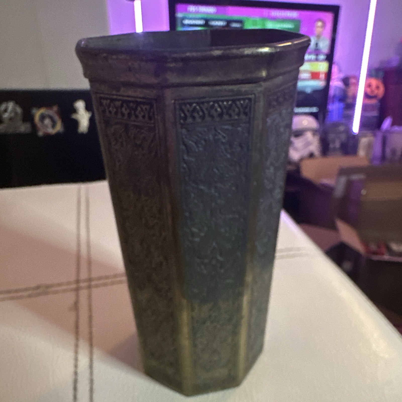 Vintage Hexagonal Embossed Floral Metal Vase Kinco Brassware