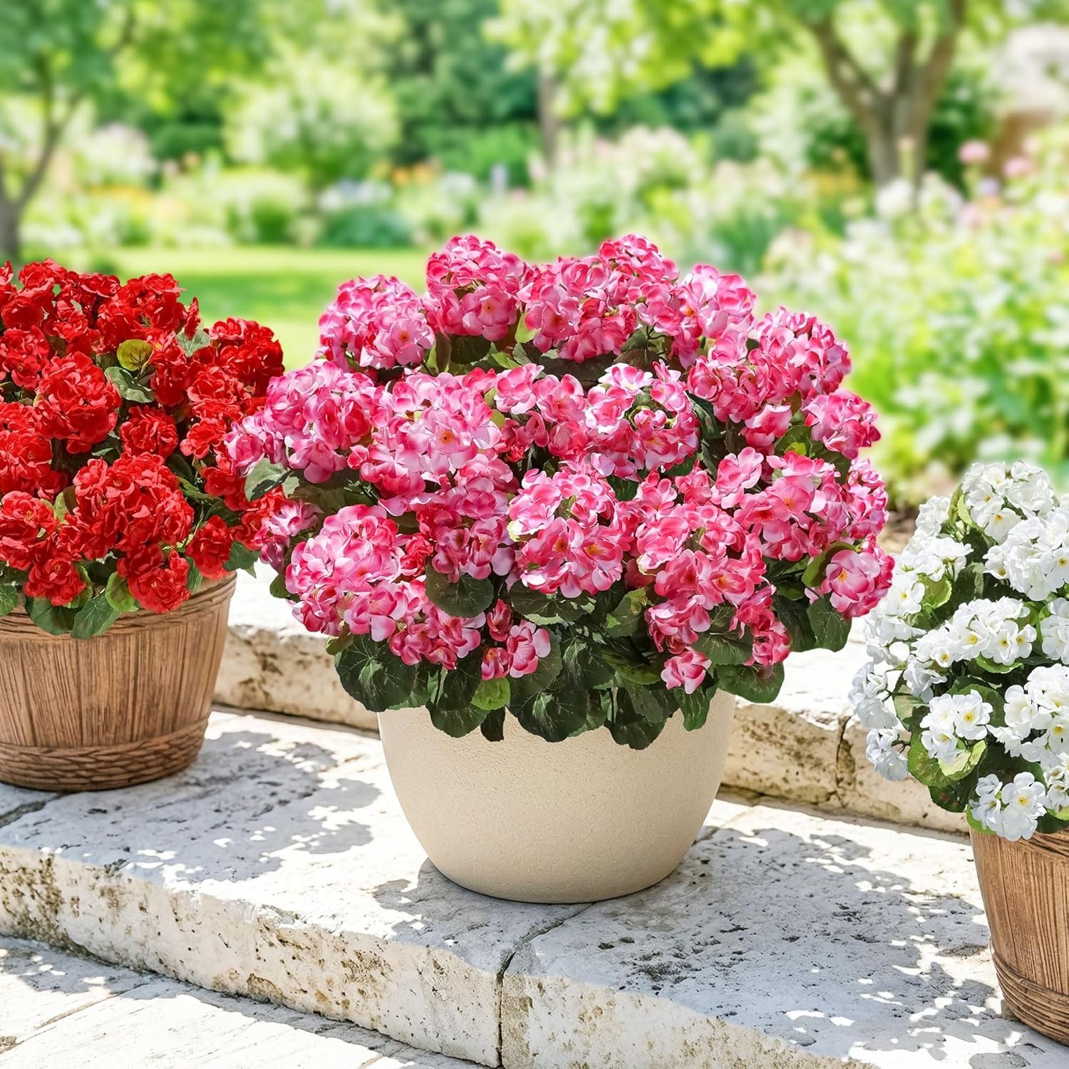 Fake Geraniums Artificial Flowers for Outdoors Outside, 6 Bundles Pink Silk G…