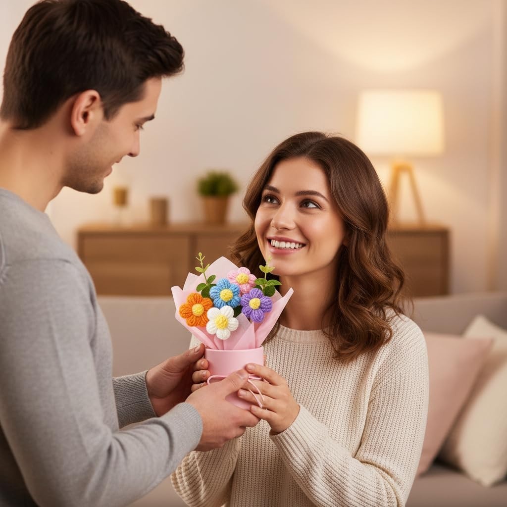Colorful Handmade Mini Flower Bouquet Gift – Crochet Artificial Flowers in Pot