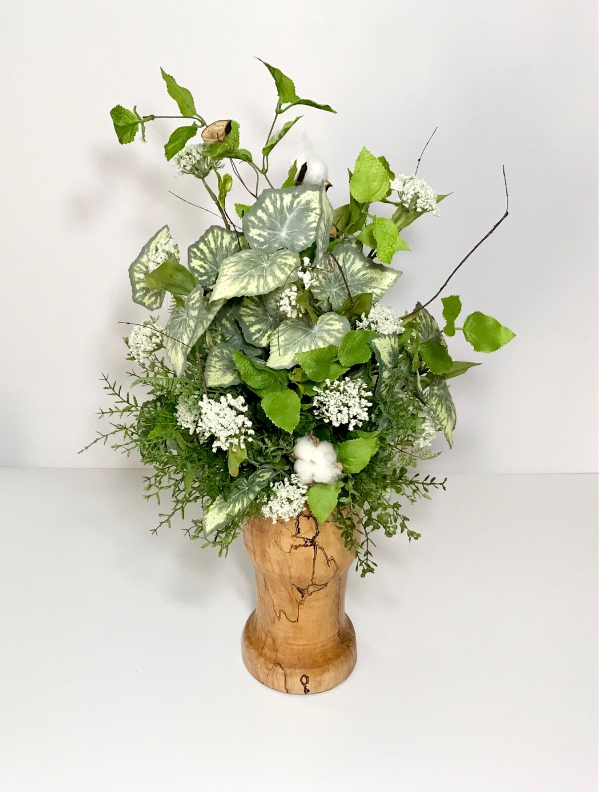 EVERYDAY YEAR ROUND FLORAL COTTON STEMS ARRANGEMENT WOOD COLUMN CENTERPIECE NEW