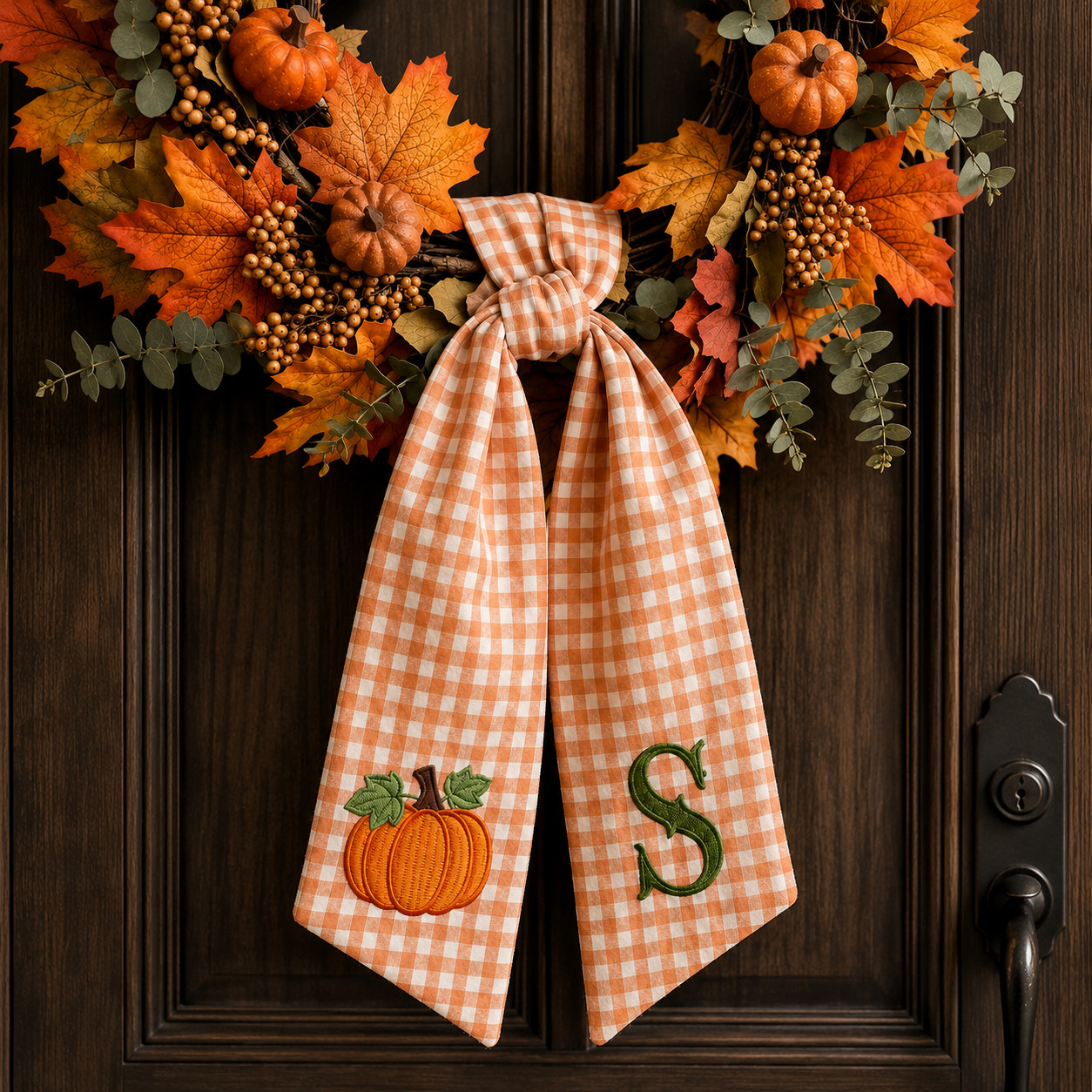 Thanksgiving Wreath Sash, Personalized Seasonal Pumpkin Monogram Door Sash