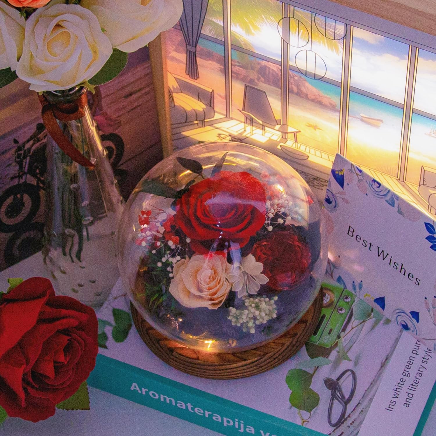 Birthday Gifts for Women Preserved Red Real Rose Flowers in Glass Dome, Forever