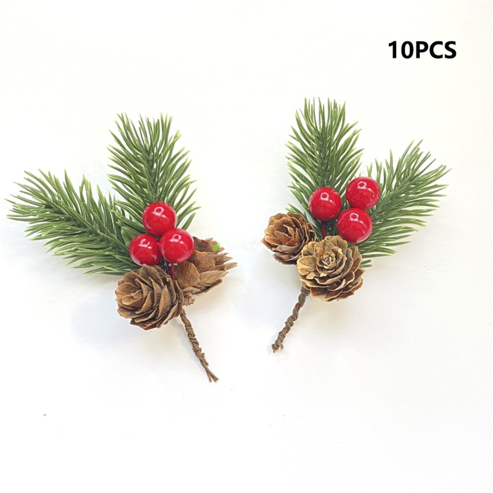 10Pcs Christmas Artificial Pine Branches with Leaves Red Holly Berries Craft DIY