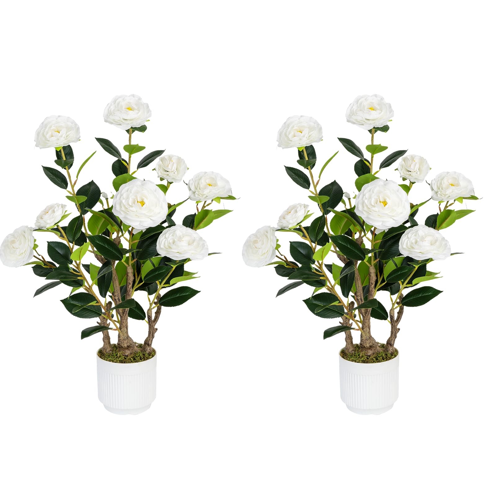 Best 2 Pack Artificial Camellia Tree with White Pot, 24″ Faux Potted Plants for