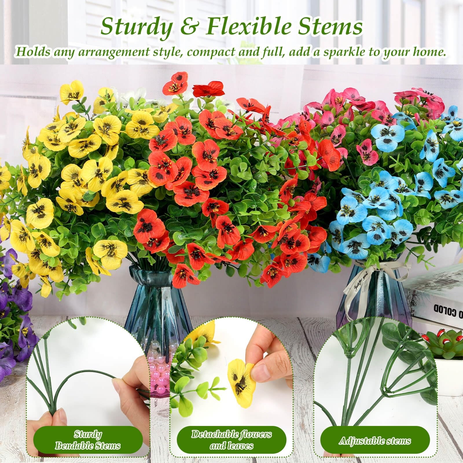 24 Bundles Artificial Flowers for Outdoor, Faux UV Resistant Silk Pansies Flo…