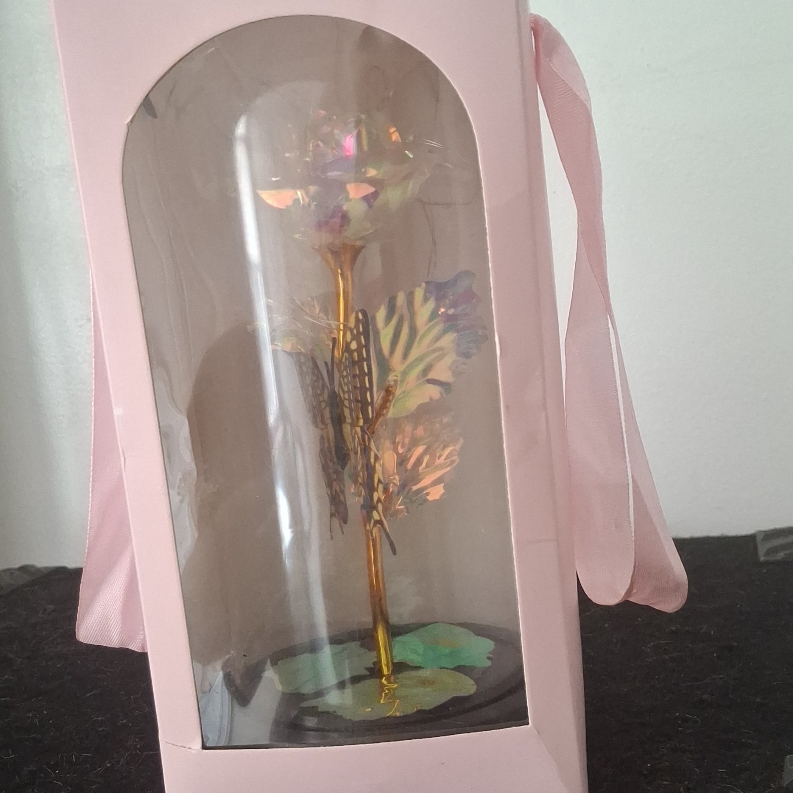 Artificial Multicolor & Gold Rose Flower Stem in Glass Dome Cloche Display