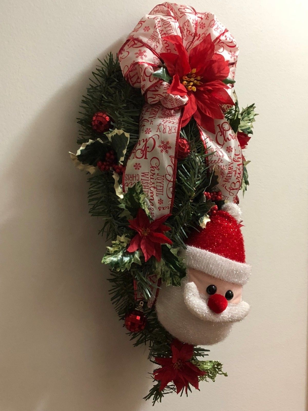 Christmas Tear Drop Door Swag Wreath Santa Poinsettia Red Bow Holly berries