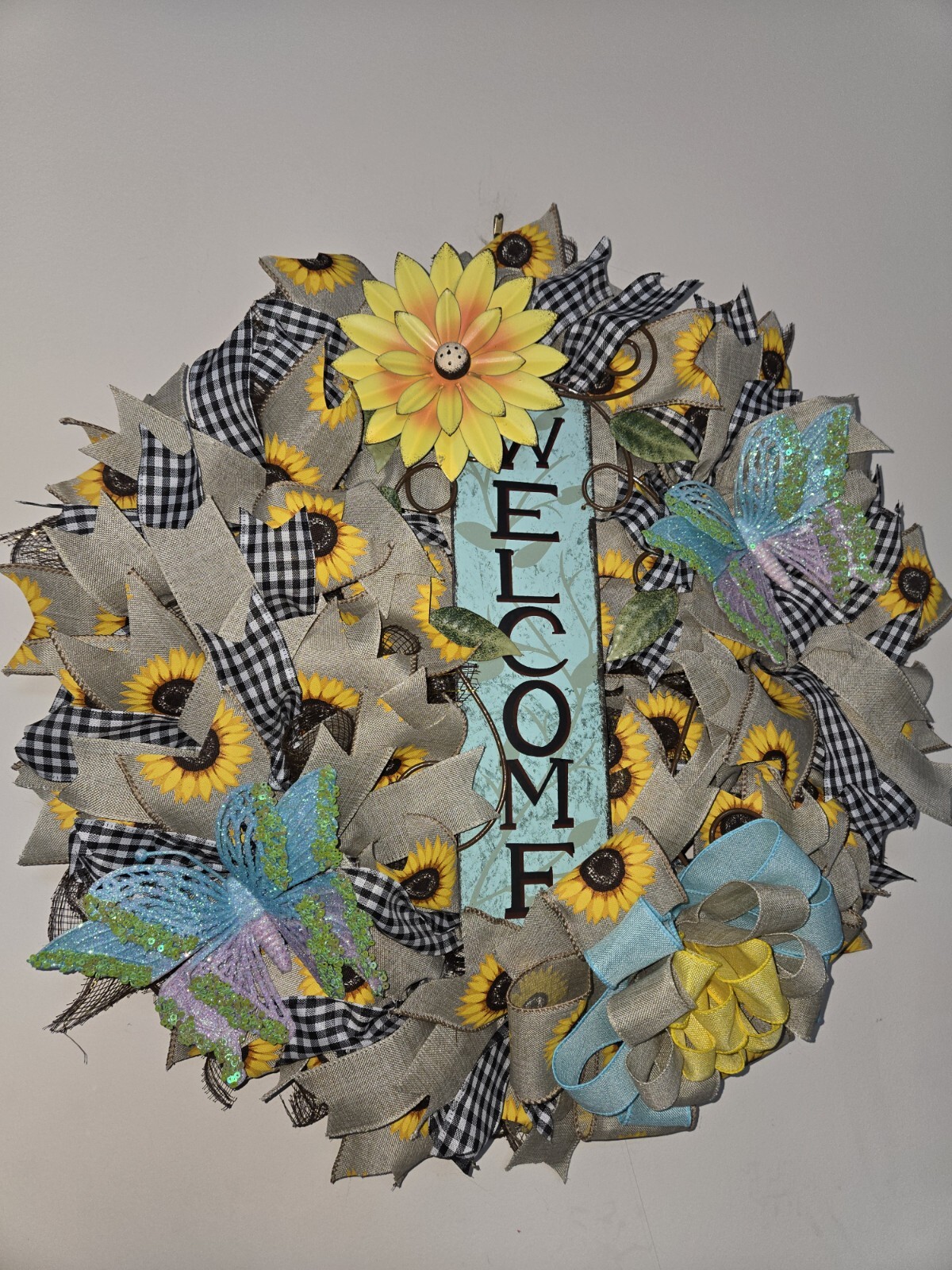 WELCOME Spring Summer Fall Front Door Wreath Wall Decor big Sunflower Butterfly