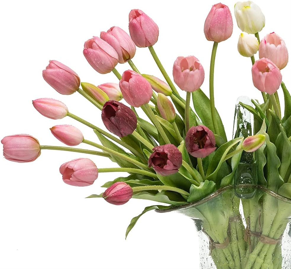 40Pcs Artificial Tulips Flowers, Soft Touch Realistic Latex Tulips Bouquet for H