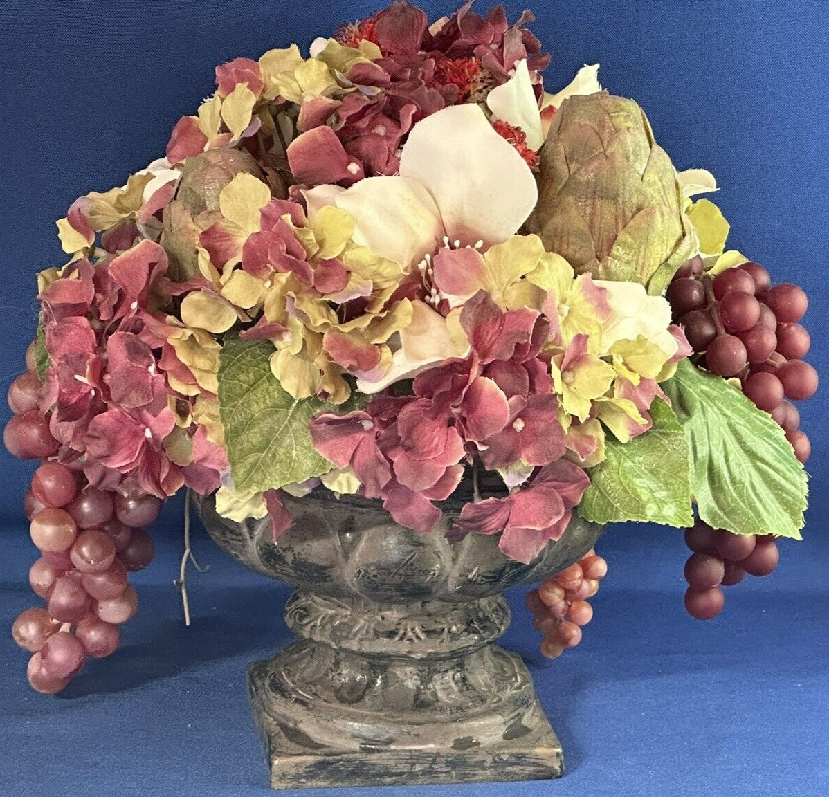 Large Arrangement of Faux Fruits and Flowers Centerpiece in Urn ~ 12.5 h x 13″ w