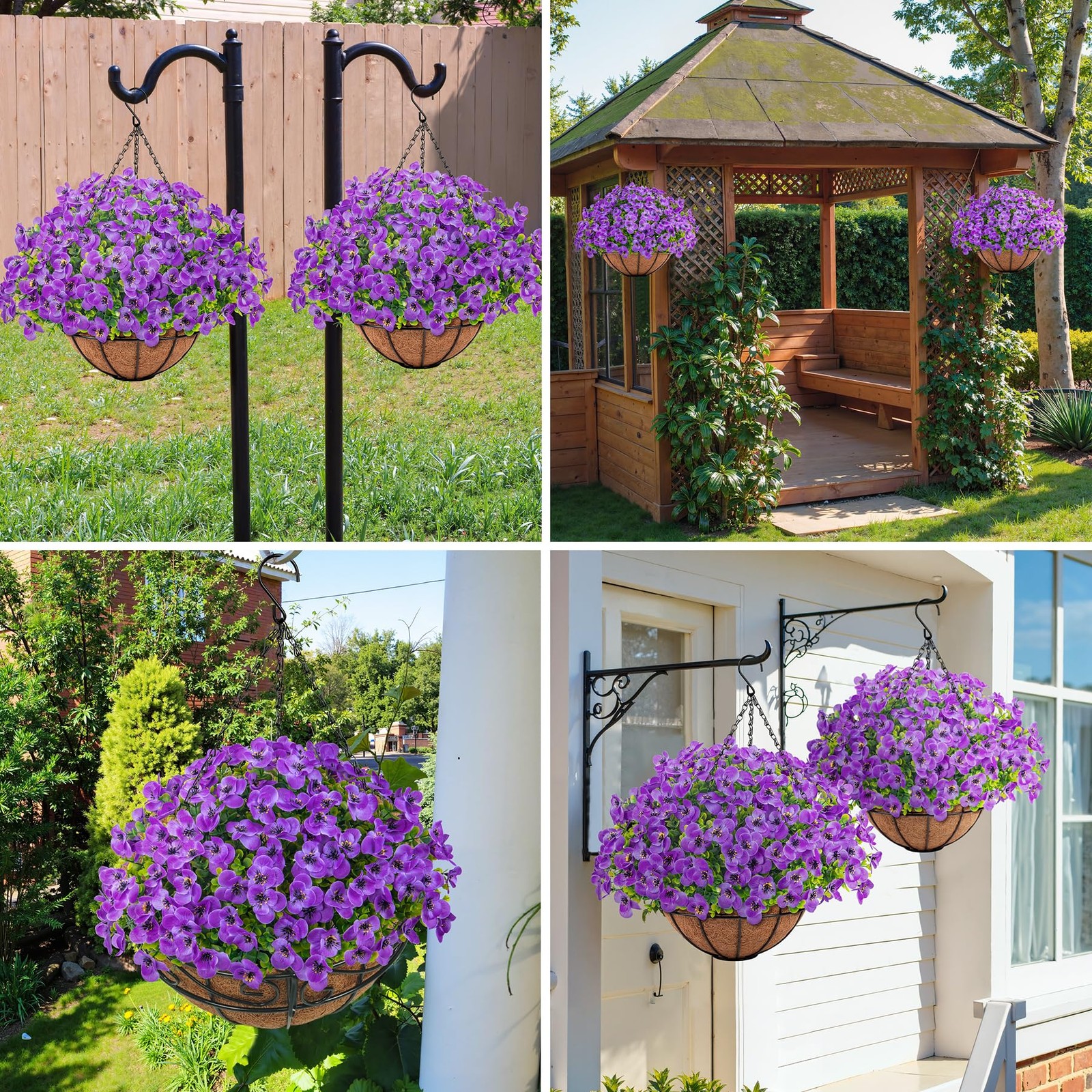 Artificial Hanging Pansy Flowers with Baskets for Outdoors, Purple
