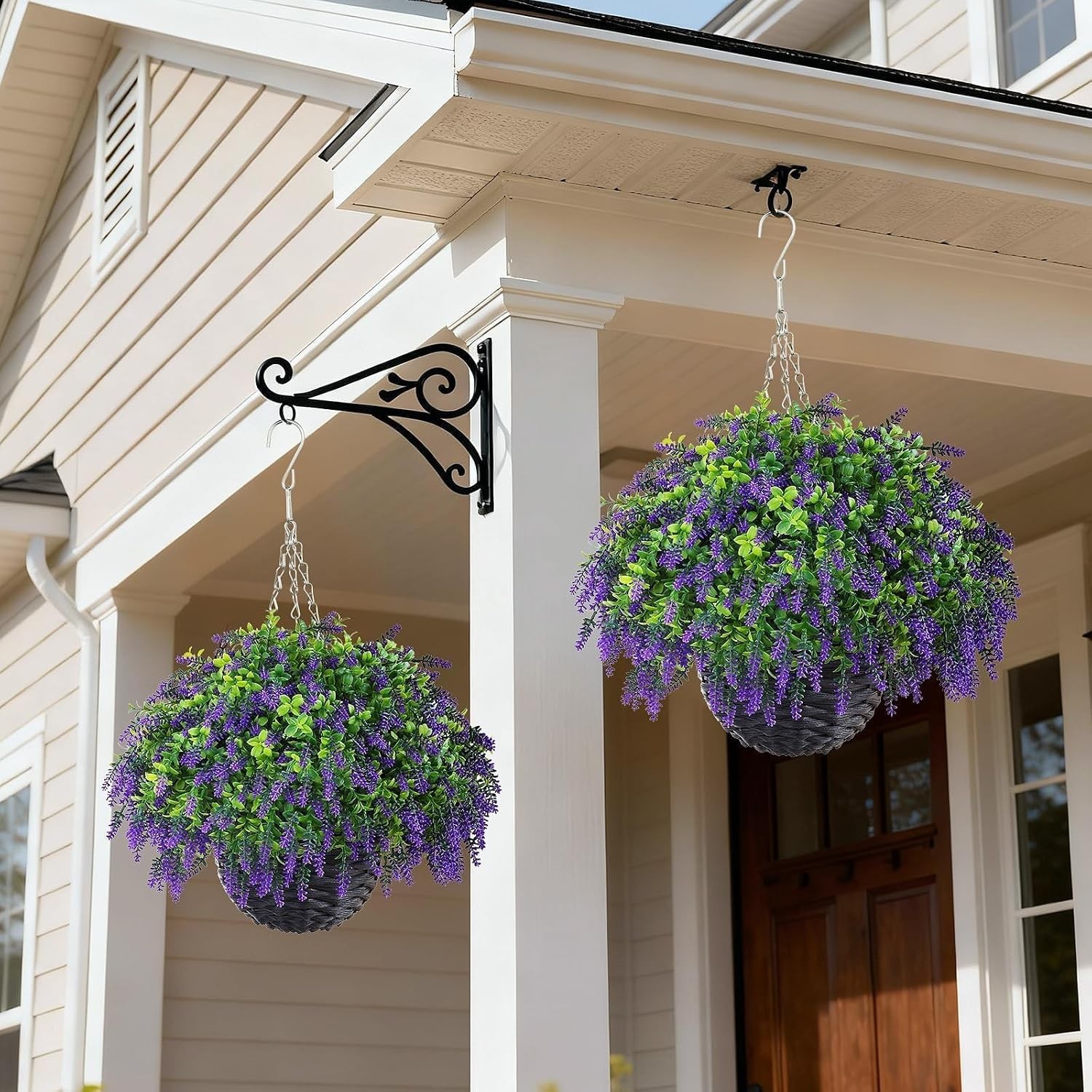 Artificial Lavender and Boxwood Hanging Basket – 2 Set for Outdoor