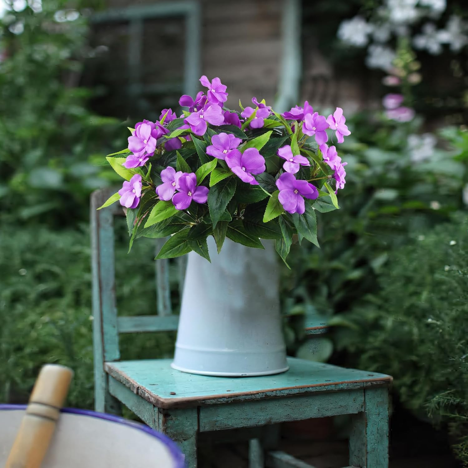 2 Pcs Artificial Impatiens Flowers for Outdoors Faux Impatiens Bushes Purple Sil