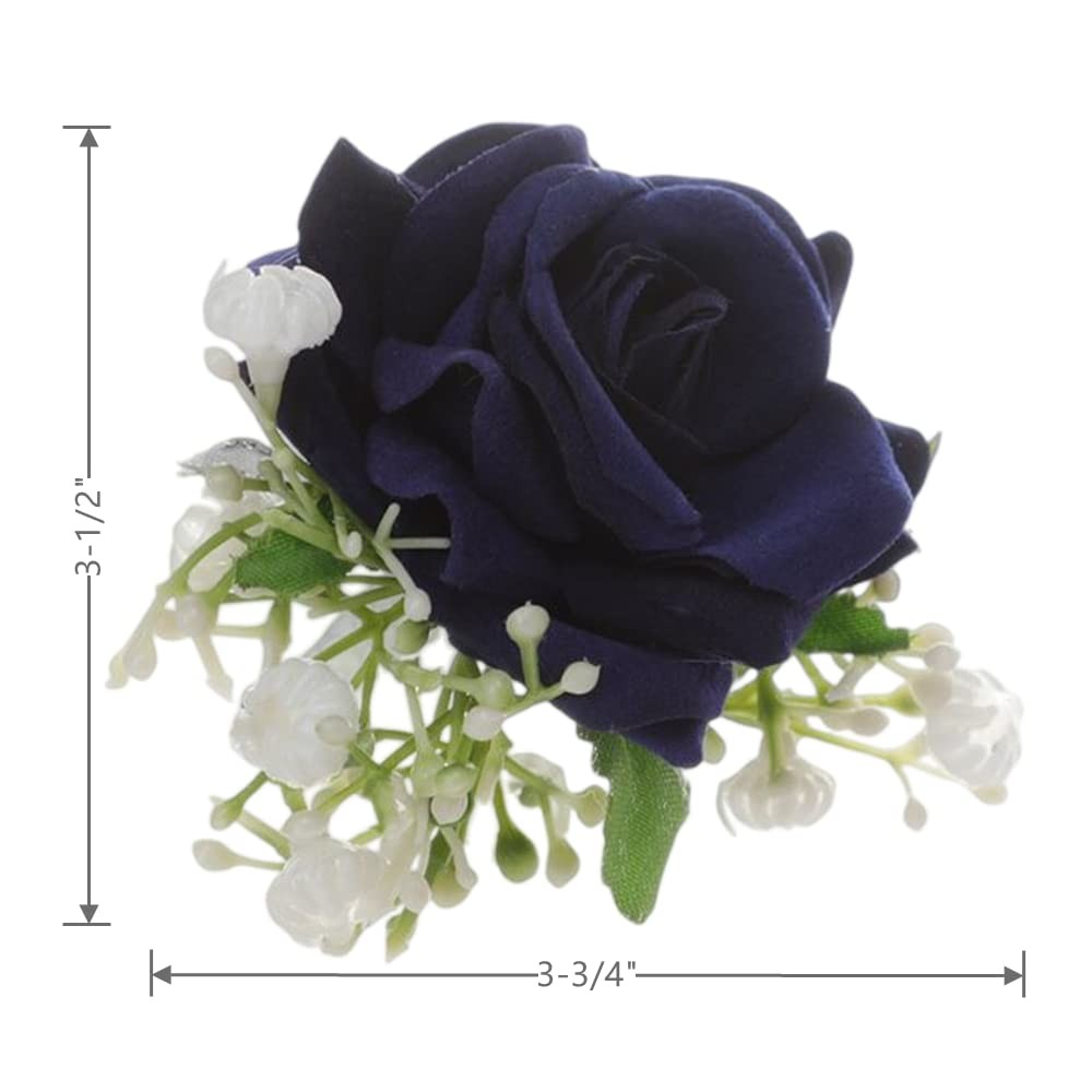 2 PCS Artificial Rose Wrist Corsage Boutonniere Set Wedding Bridal Dark Blue
