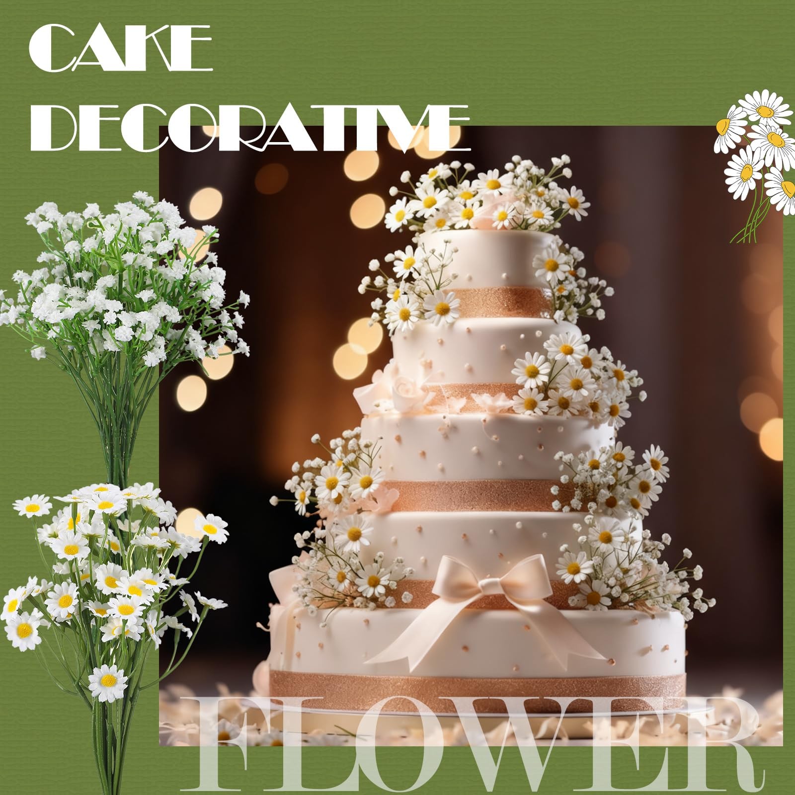 Wedding Cake Toppers White Flowers 12 Daisies & 10 Baby’s Breath Artificial