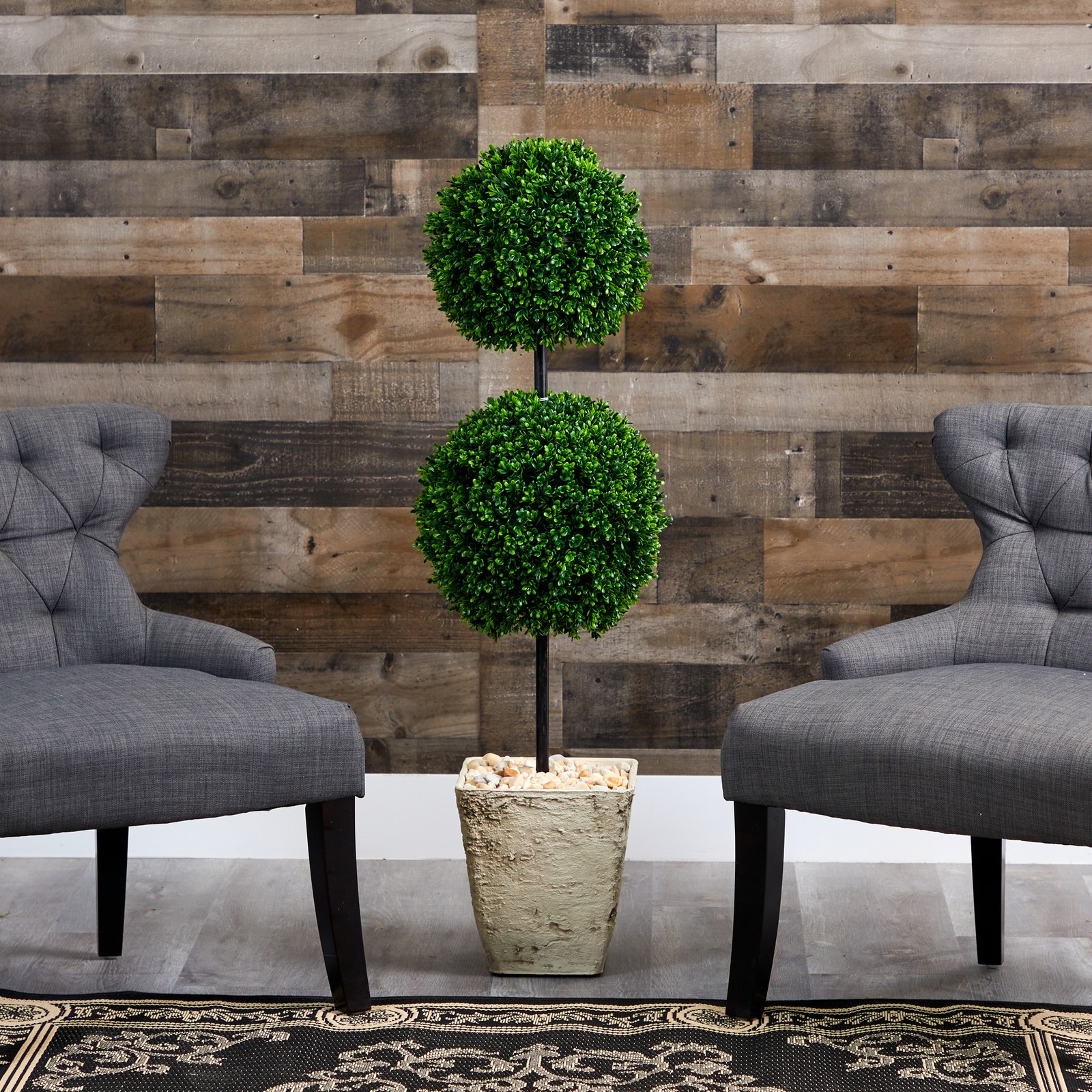 Nearly Natural 4ft Boxwood Double Ball Topiary Tree in Country White Planter