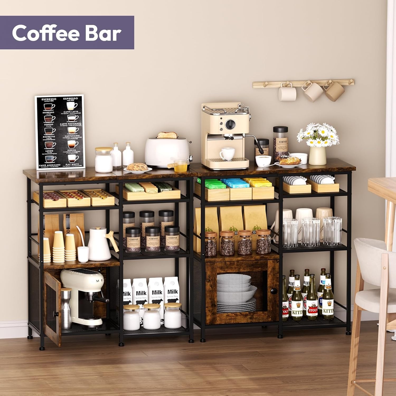 Coffee Bar Cabinet Station with Doors Rustic Kitchen Storage