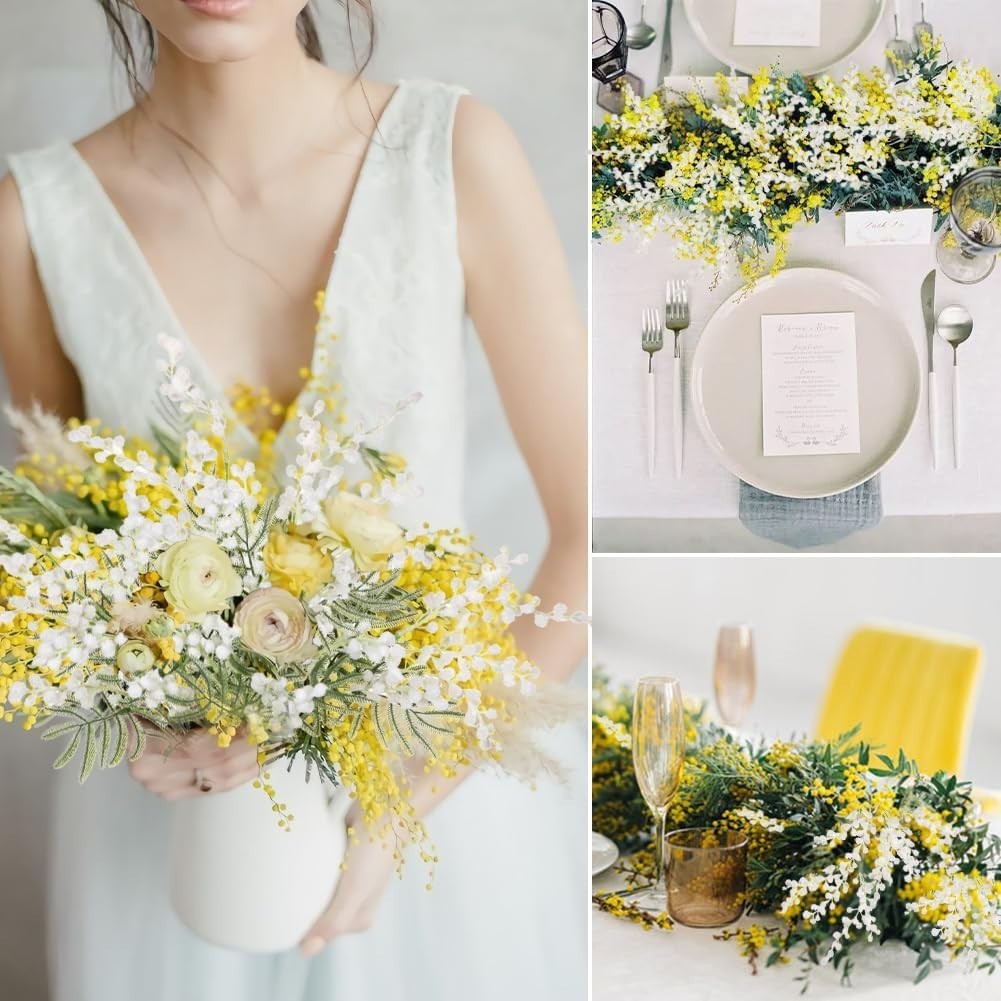 Artificial Mimosa Flowers 16.5″ 6PCS Yellow And White Acacia Spring Stems