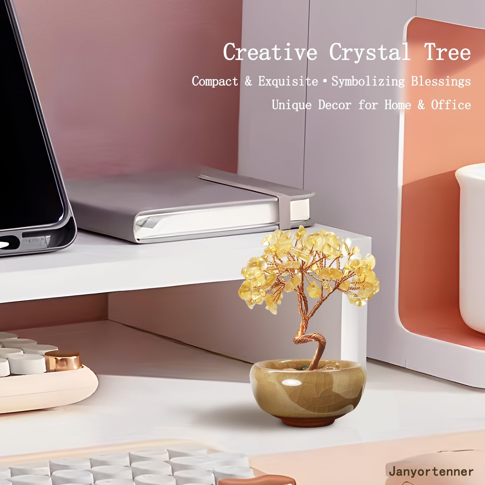 Mini Citrine Crystal Money Tree,Wealth Home Office Desk Decor,Handmade Copper…