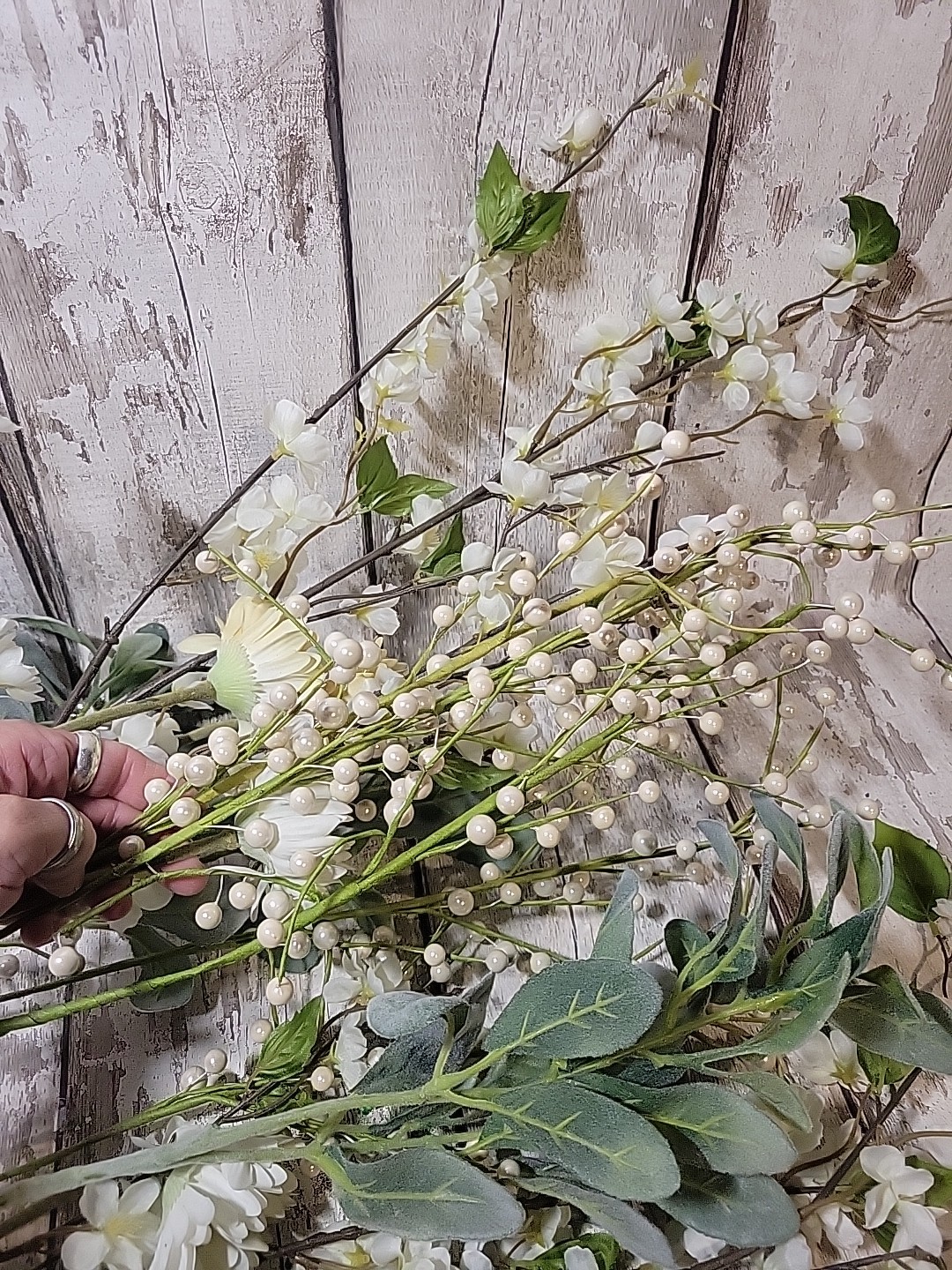 Faux Floral Flower Arrangement Single Pieces Daisy Pearl Berries Fuzzy Stems…
