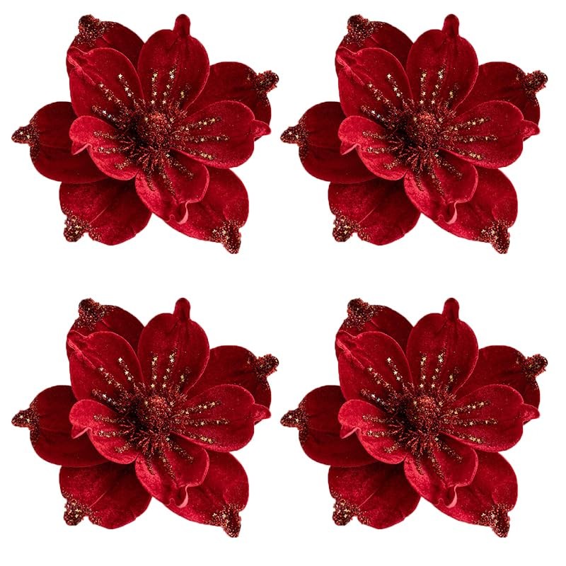 4 Pcs Glitter Artificial Magnolia Flower for Tree Christmas Poinsettia Magnol…