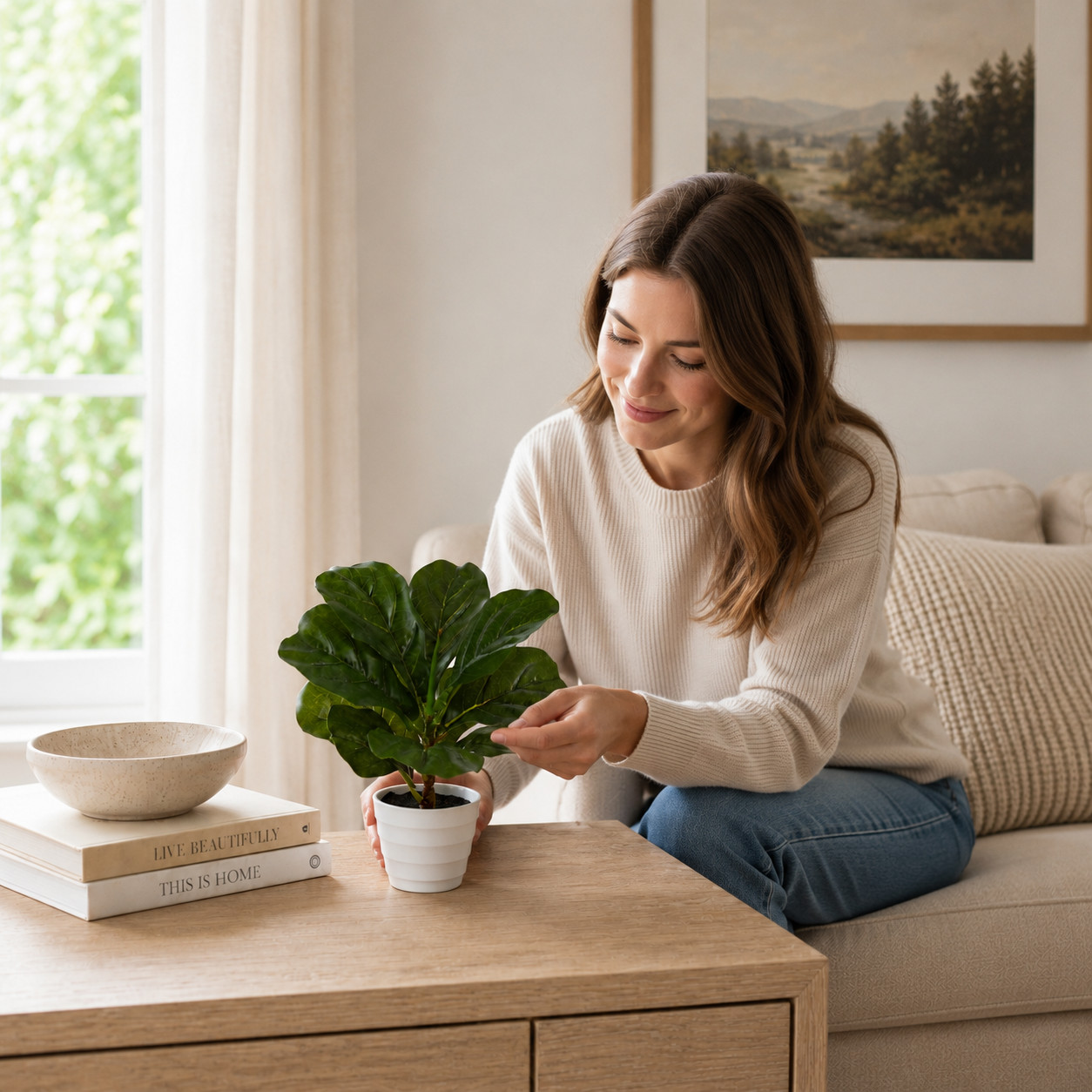 11″ Fiddle Leaf Plant in White Planter (Real Touch)