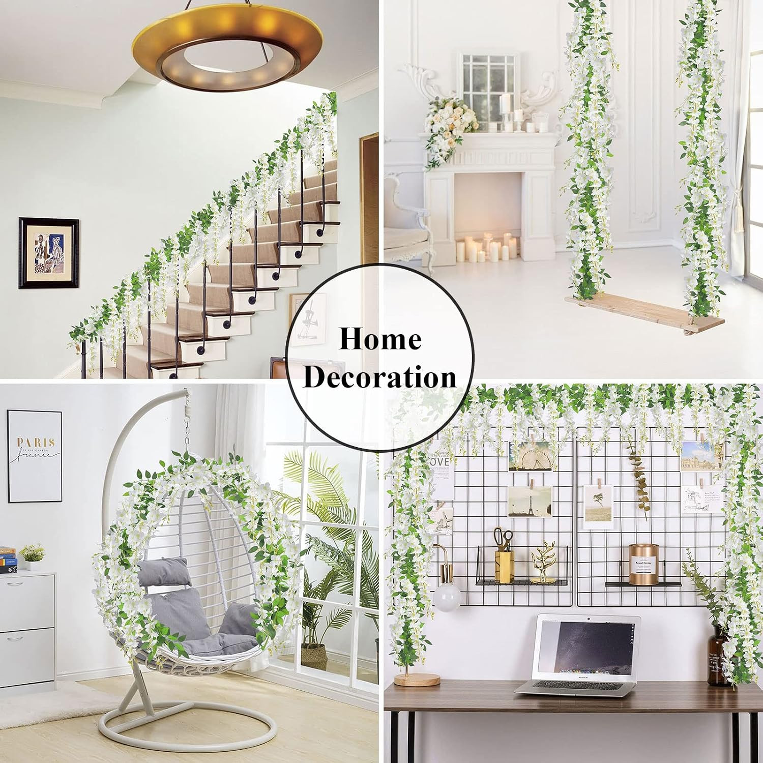 5Pcs 7.2 Ft/Piece Artificial Wisteria Garland Silk Fake White Wisteria Flowers H