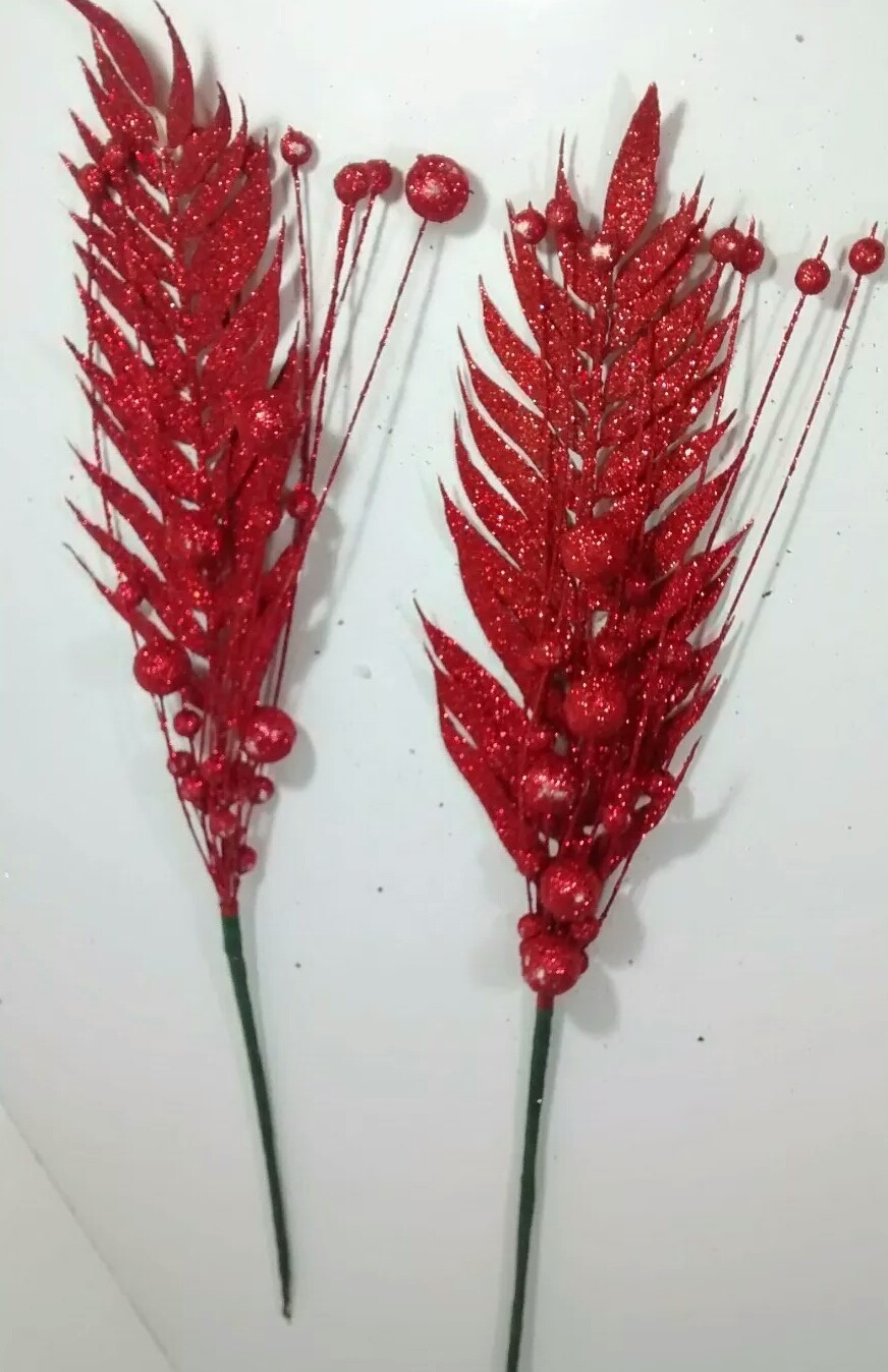 Set Of 6 Mixed Metallic Glitter Red & Silver Berry Sprays Floral Decoration