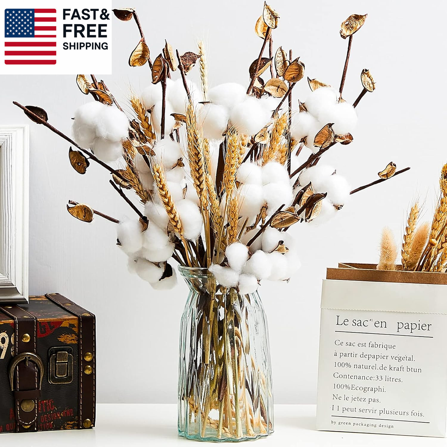 24 Pieces Farmhouse Cotton Flowers 17.7 Inch Fake Artificial Cotton Stems wi