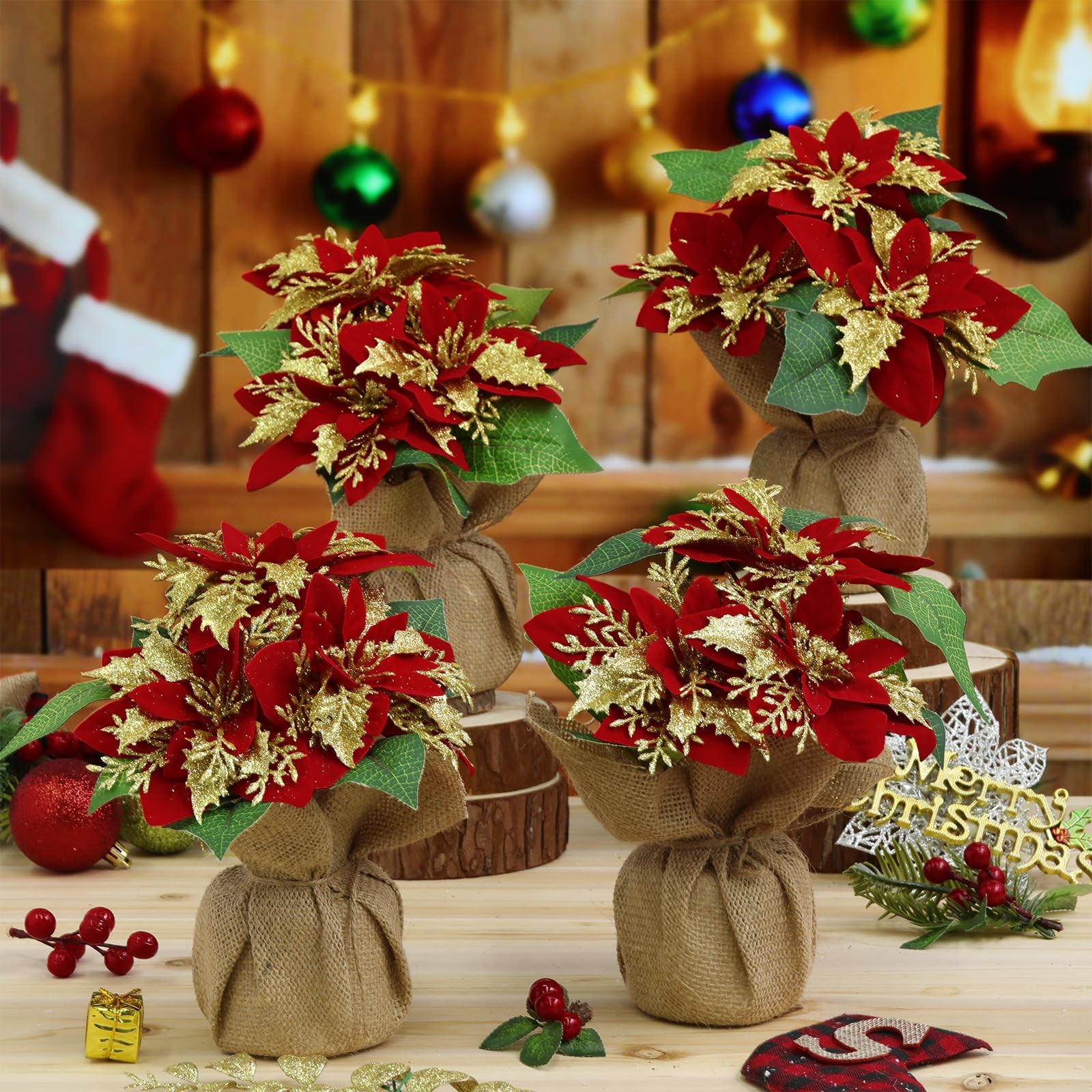 4 PCS 9 Inch Mini Artificial Poinsettias In Pots Faux Red Glitter Plants Xmas