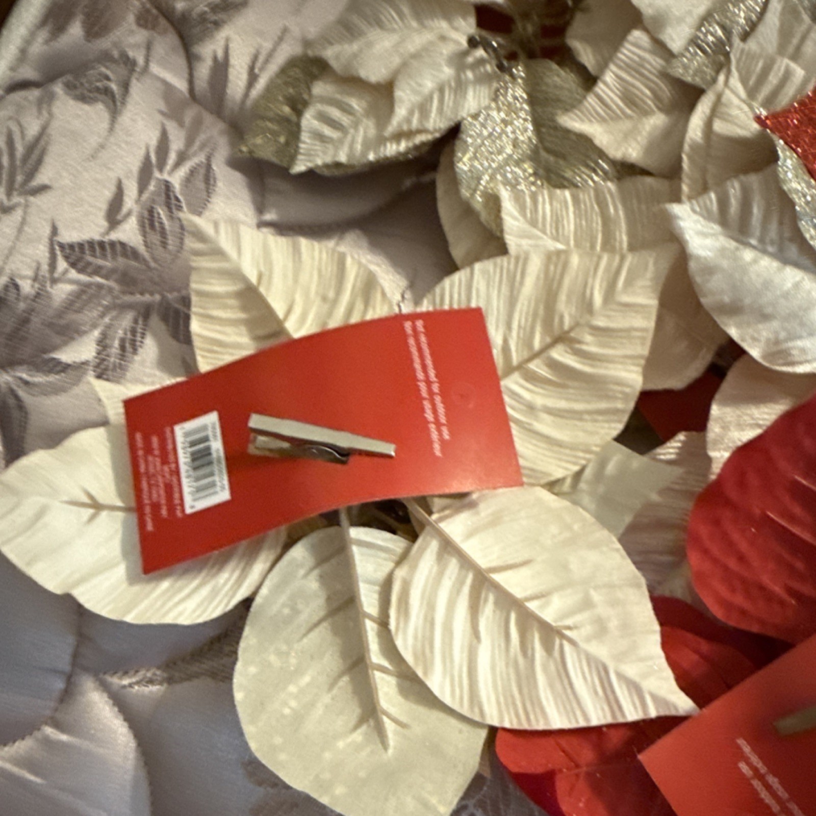 Artificial Poinsettia Flower Clips Red White Gold Floral Decor set of 6