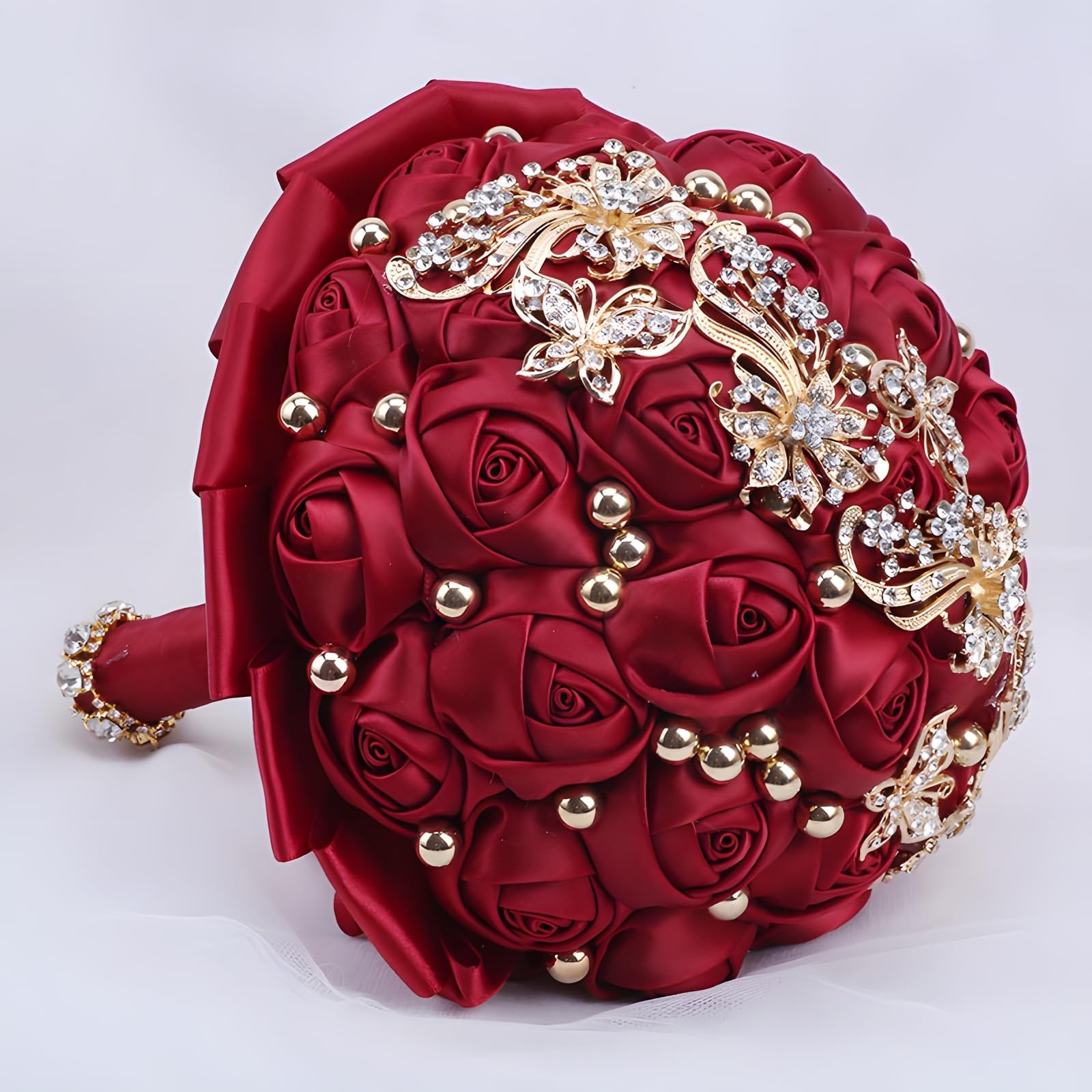 7 Inch Wedding Bouquet Red Satin Flower Bridal Holding Bridesmaid Button Broo…