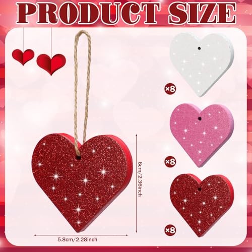 24 Pcs Valentine’s Day Heart Ornaments for Tree Wooden Pink Red White Glitter