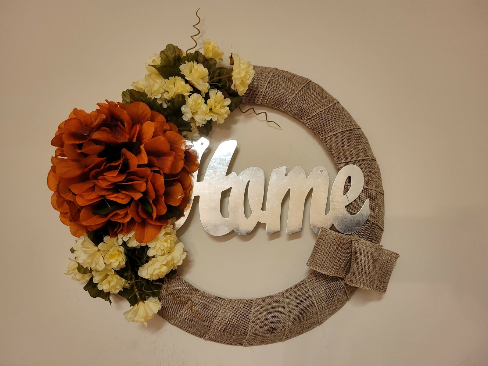 HOME Hydrangeas Mum burlap WREATH FALL autumn Decor Front Door 15″ brown orange