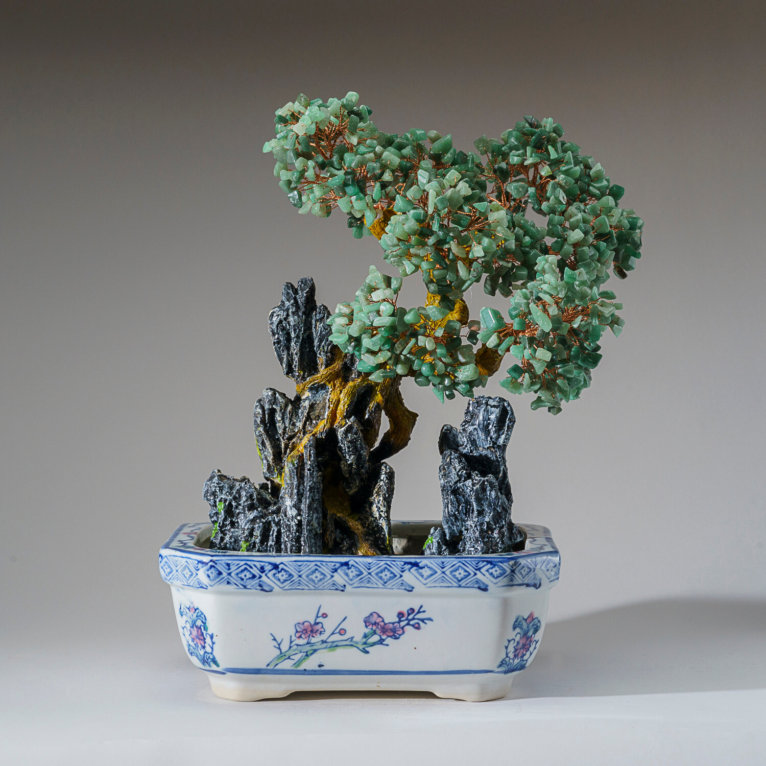 Genuine Green Aventurine Gemstone Bonsai Tree in Round Ceramic Pot (13”)