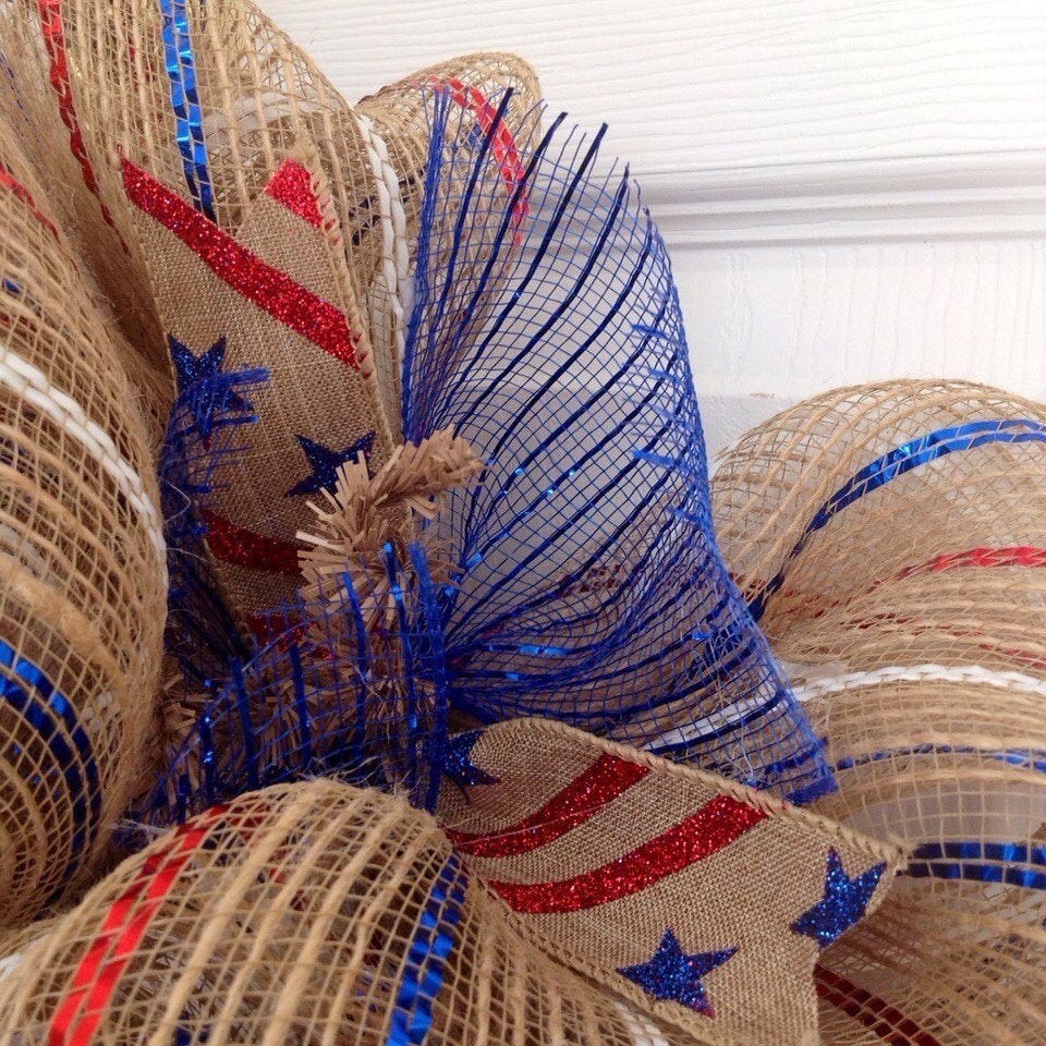Burlap Striped Patriotic Ribbon Wreath Handmade Deco Mesh