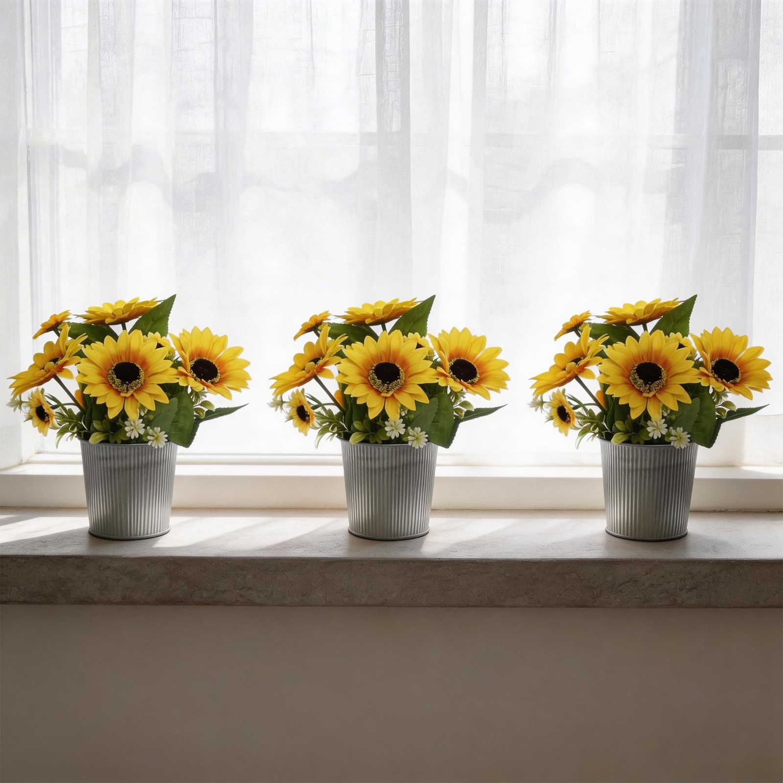 3 Pack Artificial Sunflowers in Galvanized Metal Pots, Faux Flower Arrangemen…