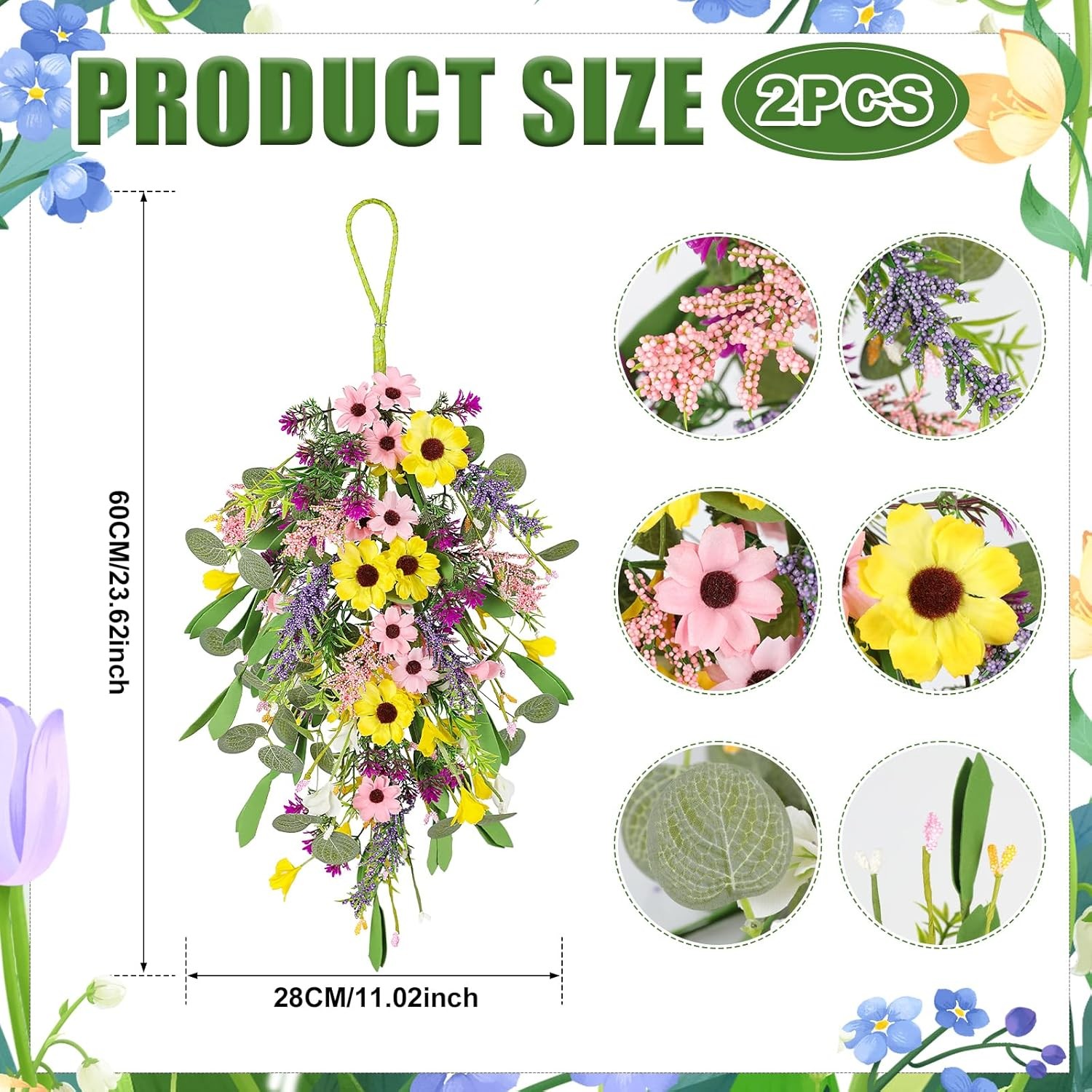 2 Pcs Spring Swags for Front Door, 23.6″ Artificial Floral Teardrop Swags with S