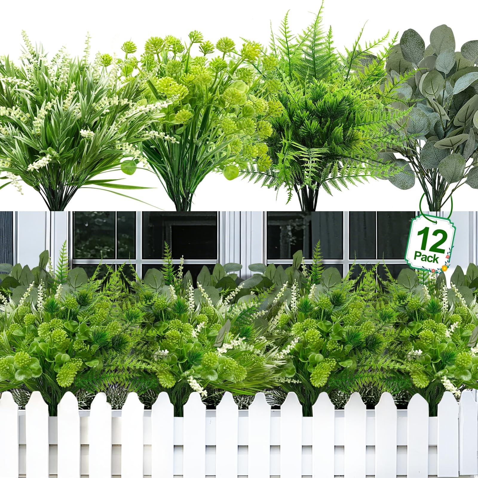 12 Bundles 4 Styles Artificial Plants Outdoor, UV Resistant No Fade Artificia…