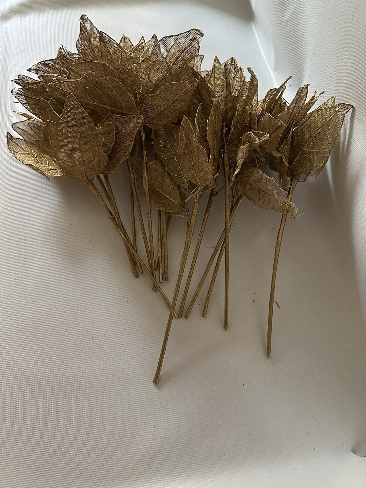 Lot Of 16 Gold Glittery Wire Mesh 12” Stem Poinsettias Decoration Vintage ￼