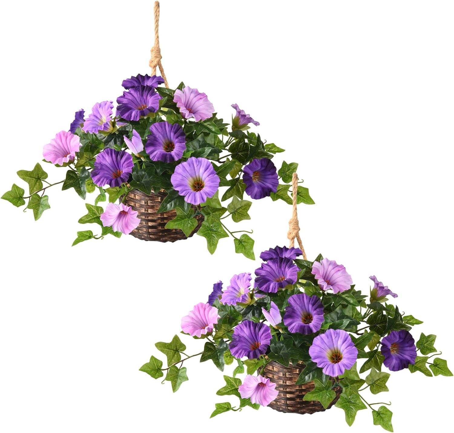2 Set Artificial Outdoor Flowers with Hanging Basket, 2 Hanging Planters Faux Si