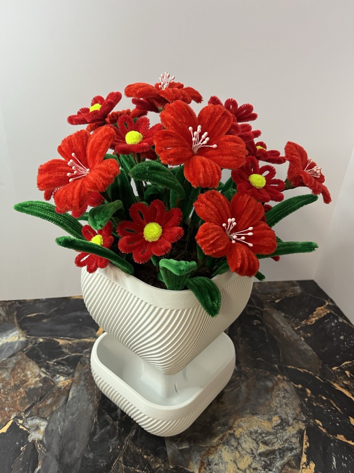 Elegant Handmade Red Velvet Flowers Eco Modern White Vase home or Office Decor