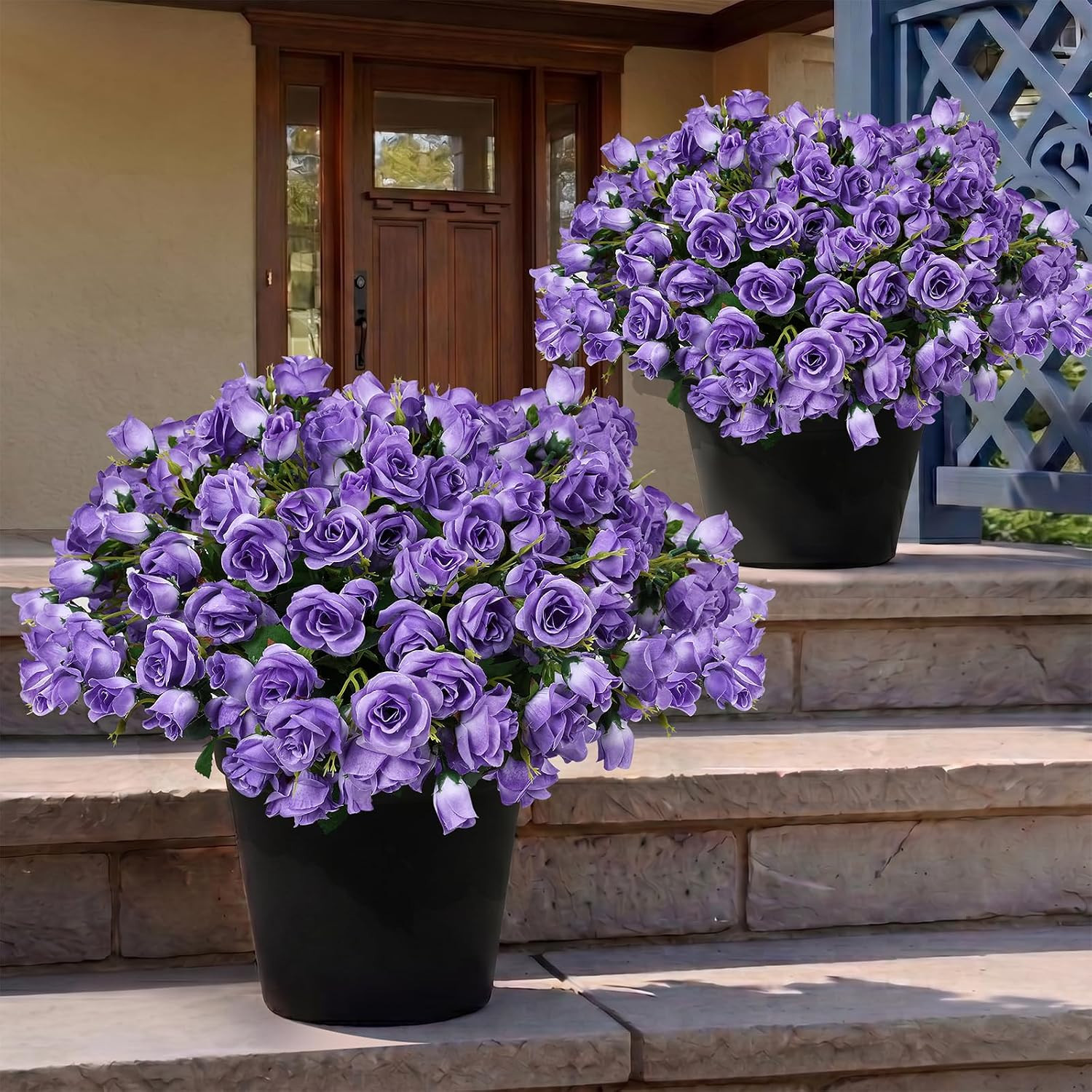 Purple Faux Roses in Pots – 2 Pack UV Resistant Outdoor Decor