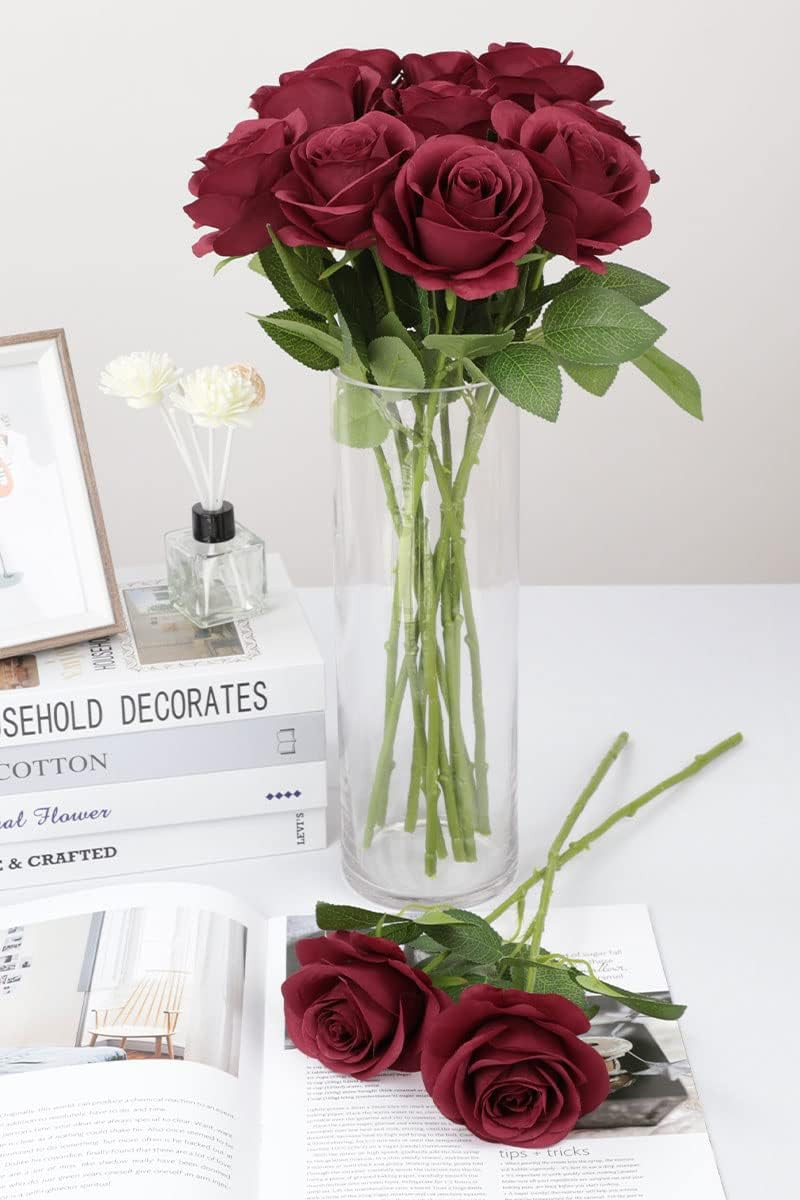 50Pcs Roses Artificial Flowers Fake Flowers with Long Stems Burgundy Silk Flower