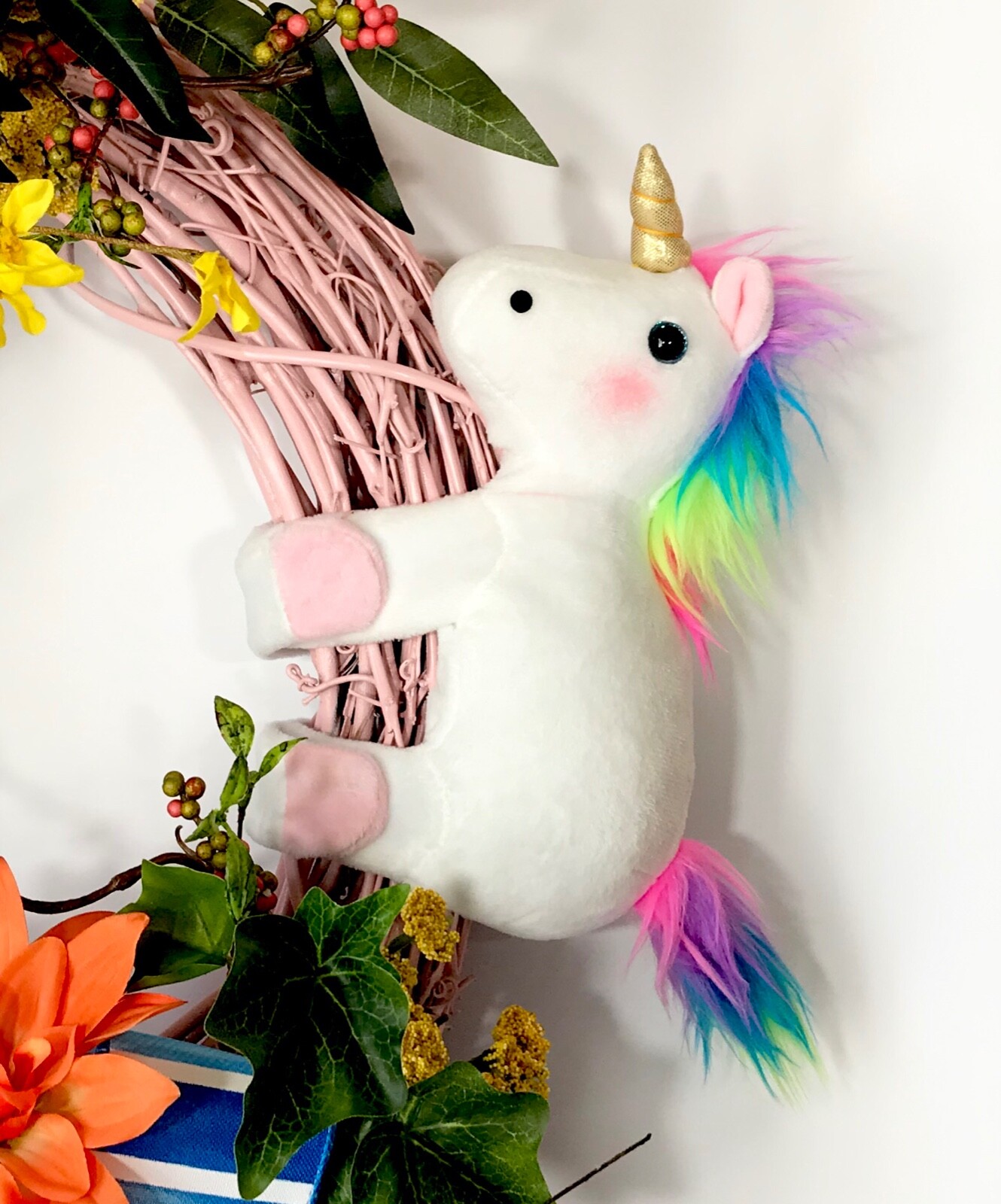 RAINBOW UNICORN PINK GRAPEVINE WREATH FRONT DOOR BRIGHT SUMMER FLOWERS DECOR NEW
