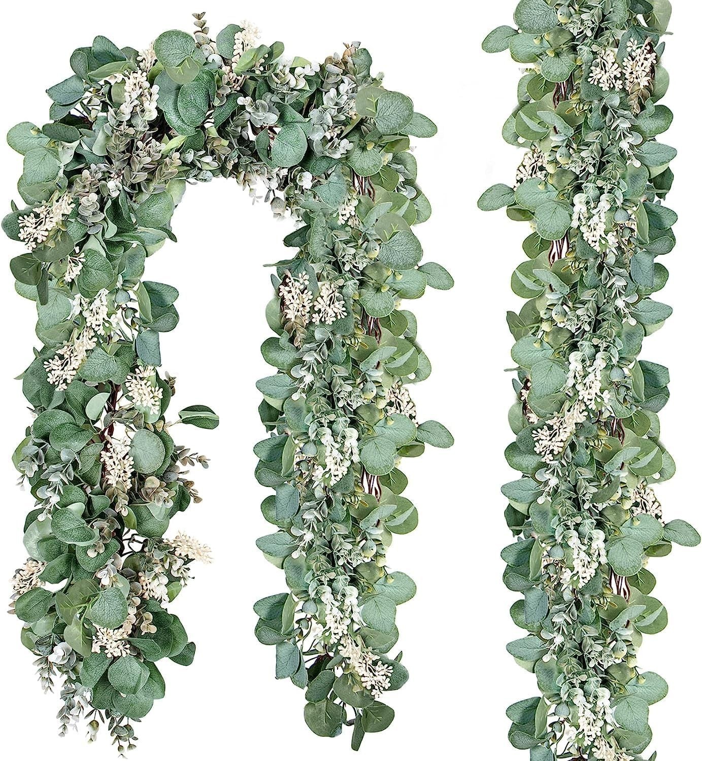 Eucalyptus Garland 6.56 Ft Lush Silver Dollar Leaves Boxwood Artificial Faux