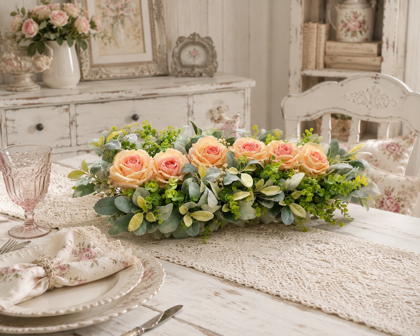 Artificial Peach Rose Centerpiece Arrangement w/ Eucalyptus & Boxwood, 28 in